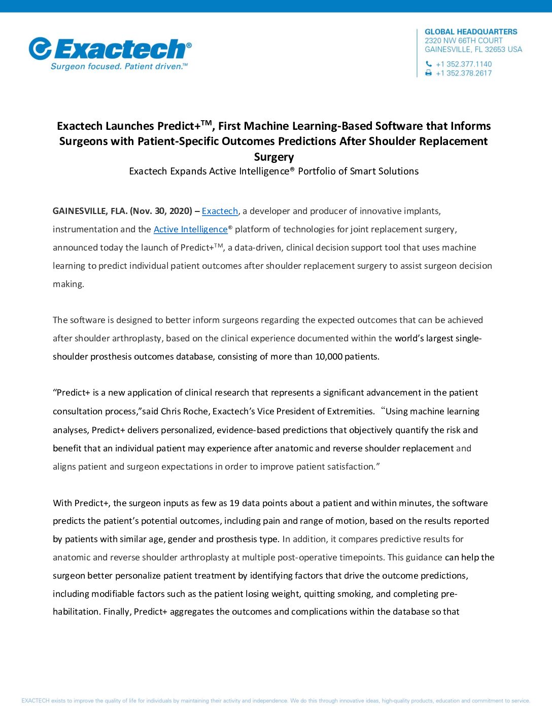 Exactech Launches Predict+ First Machine Learning-Based Software that Informs Surgeons with Patient-Specific Outcomes Predictions After Shoulder Replacement Surgery - Press Release
