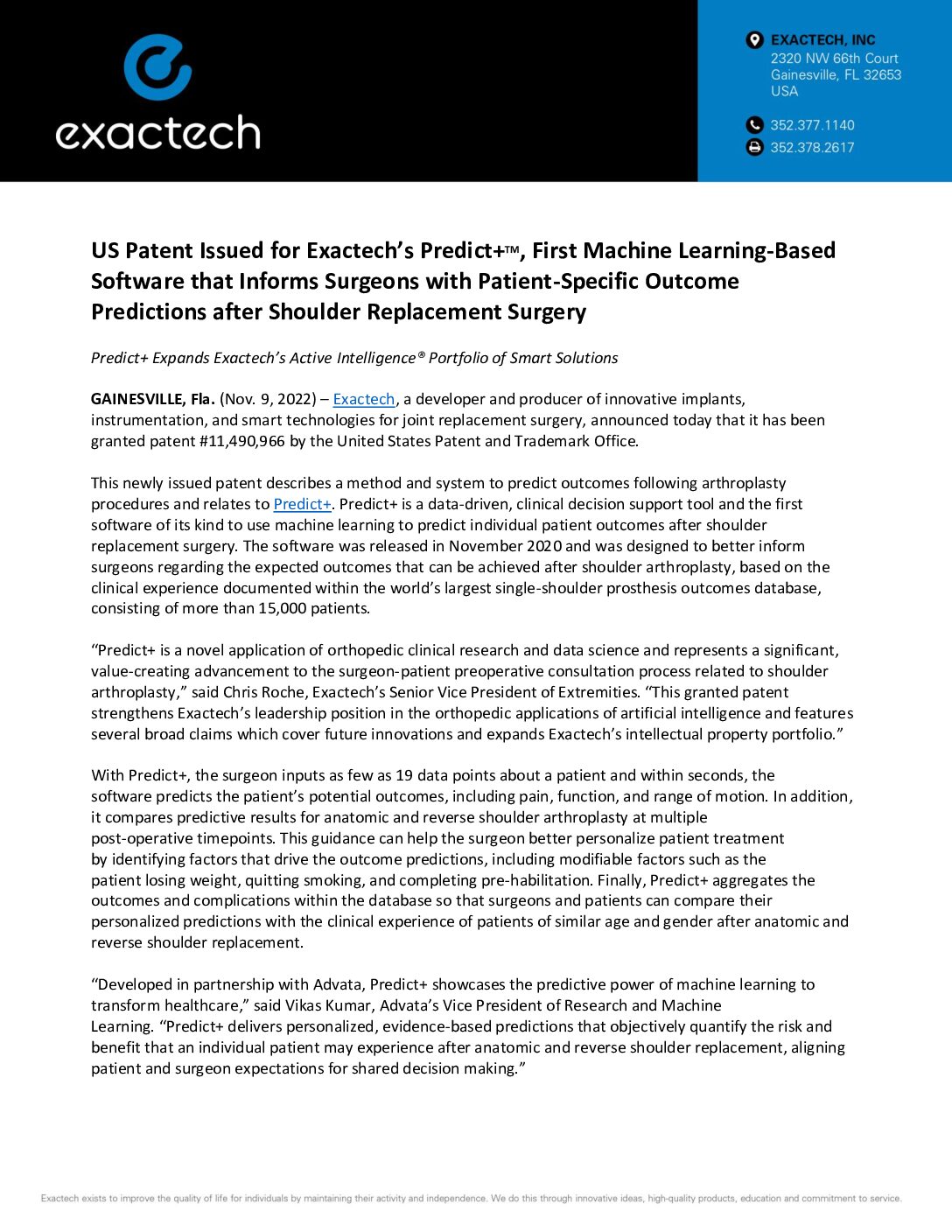 US Patent Issued for Predict+TM, First Machine Learning-Based Software that Informs Surgeons with Patient-Specific Outcomes Predictions after Shoulder Replacement Surgery - Press Release