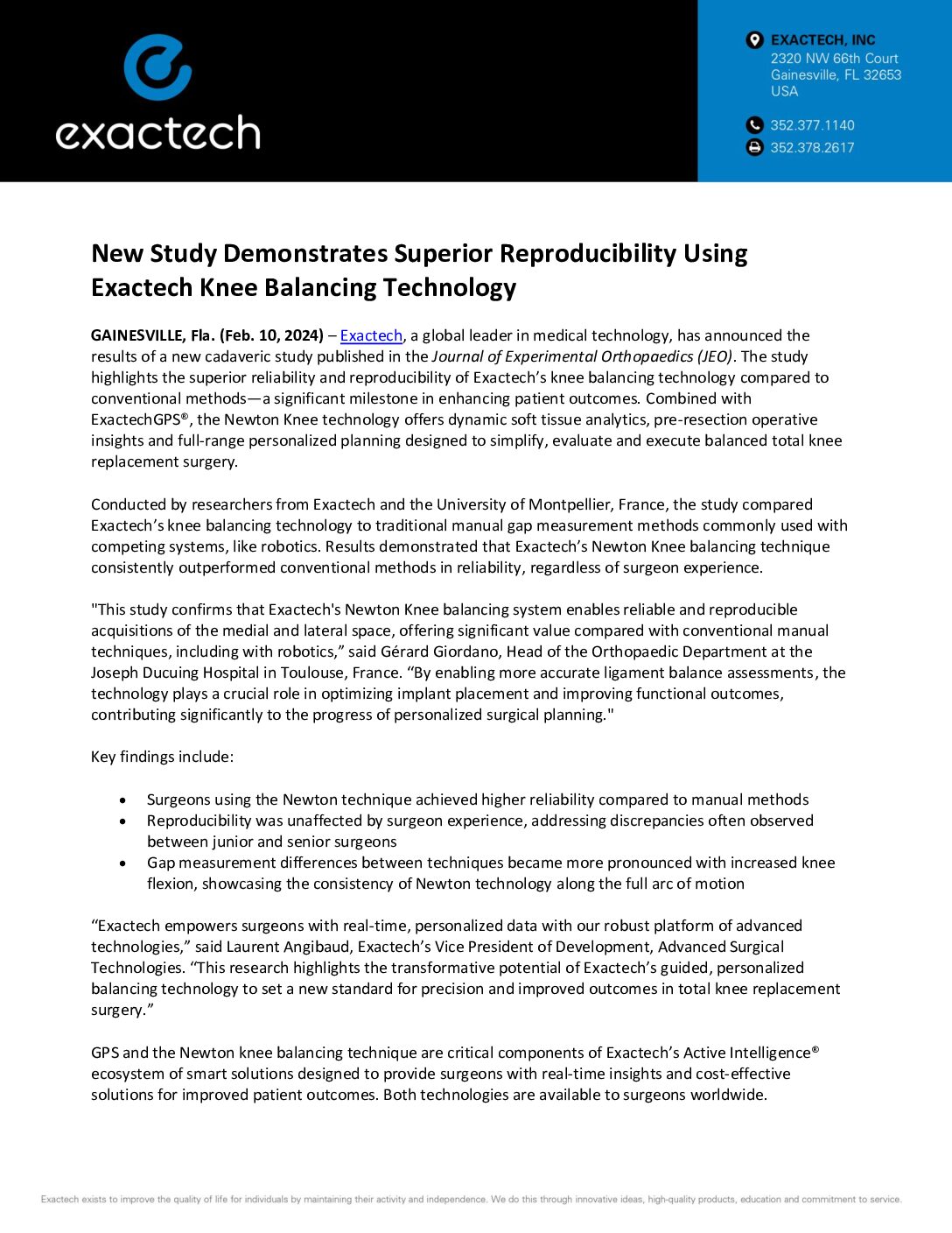 New Study Demonstrates Superior Reproducibility Using Exactech Knee Balancing Technology